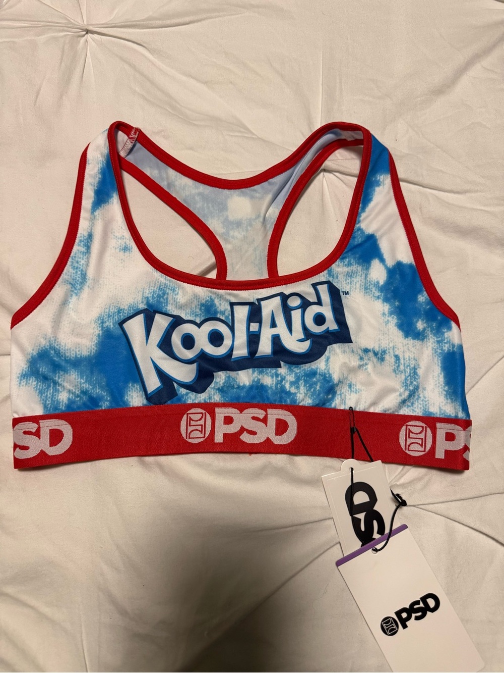 PSD Blue and White Tie-Dye Sports Bra with Red Trim Sz L